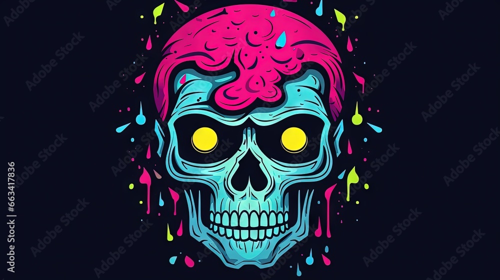 Poster a colorful skull with a brain on it's head and a splattered brain in the middle of the image, with a