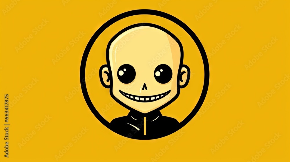 Poster  a cartoon of a skeleton with a smile on it's face in a circular frame on a yellow background with a black border around the head.  generative ai