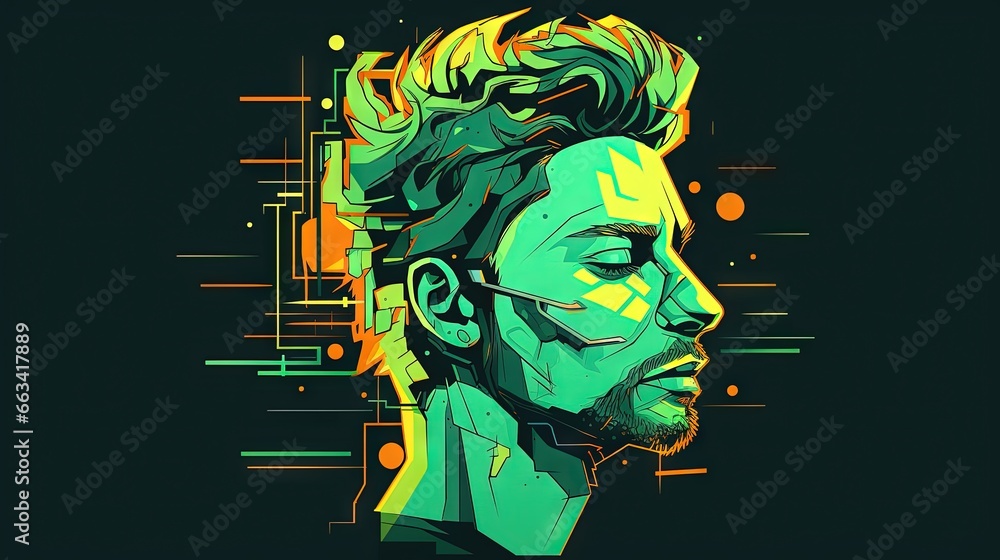 Poster a man with a beard and glasses on his face is depicted in a digital art style, with a colorful backg