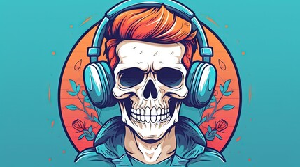  a skull wearing headphones with a red hair in the middle of the image is a circle with leaves and a red - haired man's head.  generative ai