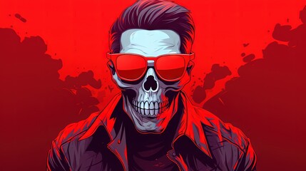  a skull wearing red sunglasses and a leather jacket with a skull on it's chest and a red background with a red background and a red background.  generative ai - obrazy, fototapety, plakaty