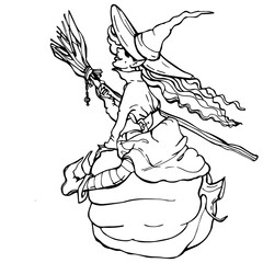 The witch is sitting on a pumpkin with a broom in her hands. Graphic linear drawing for Halloween. Beautiful contented witch, face in profile. Outline, silhouette, outline, outline. Magic for Hallowee