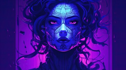  a portrait of a woman with blue skin and a purple background is featured in a digital painting style, with intricate details on her face.  generative ai