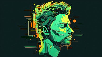  a man with a beard and glasses on his face is depicted in a digital art style, with a colorful background of lines and dots.  generative ai