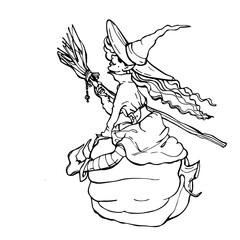 The witch is sitting on a pumpkin with a broom in her hands. Graphic linear drawing for Halloween. Beautiful contented witch, face in profile. Outline, silhouette, outline, outline. Magic for Hallowee