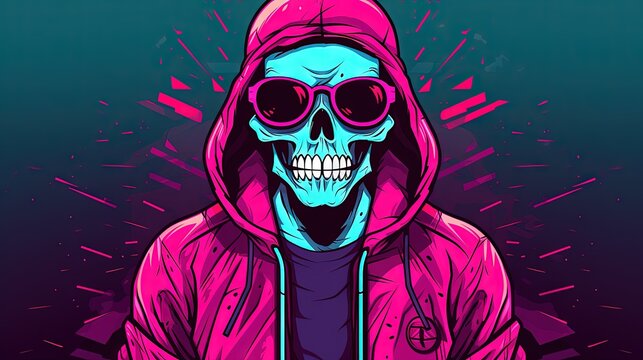  a skull wearing a pink hoodie and sunglasses in front of a blue background with pink and purple splatters and a black hoodie.  generative ai