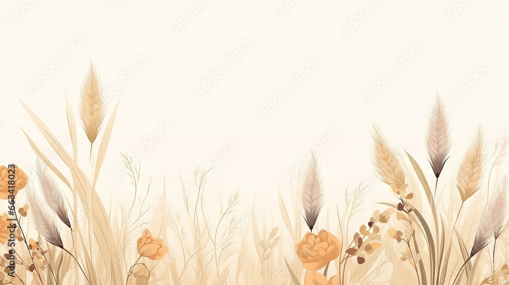 Poster a painting of a field of wheat and flowers on a white background with a place for a text or an image