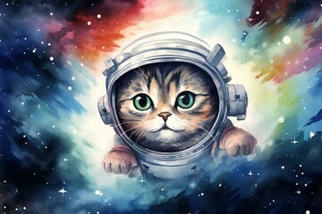Illustration of a cat in space created with watercolor. Generative AI