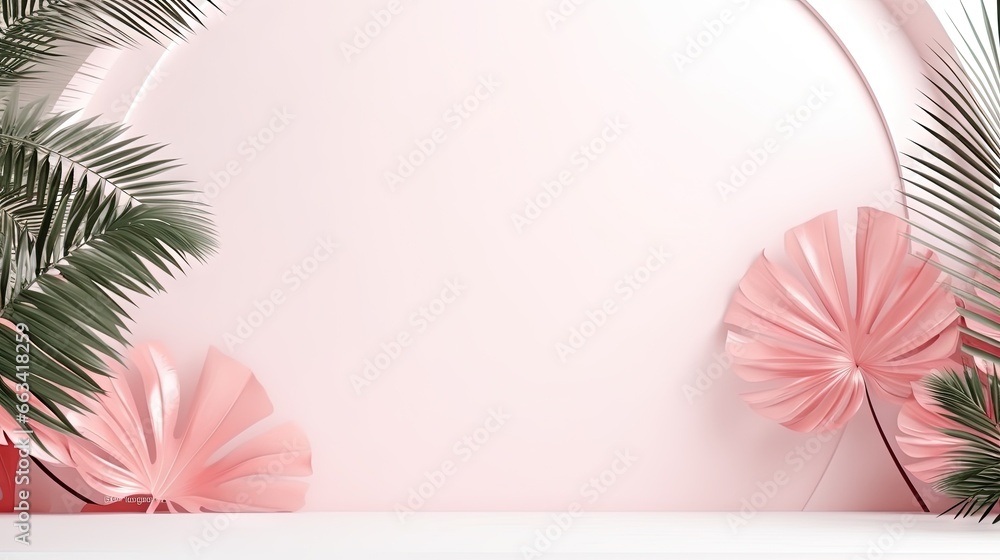 Poster a pink background with palm leaves and a red gift box on the bottom of the image is a pink backgroun