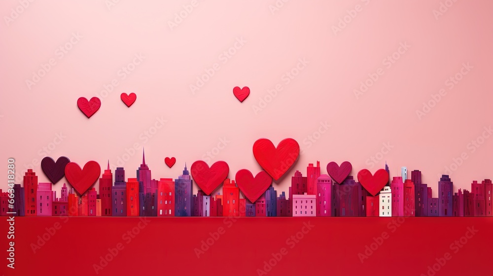 Poster a red city with lots of red hearts floating in the air over a red surface with buildings and a white