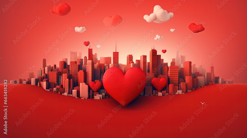Aufkleber a red heart surrounded by hearts floating in the air in front of a cityscape with clouds and hearts 