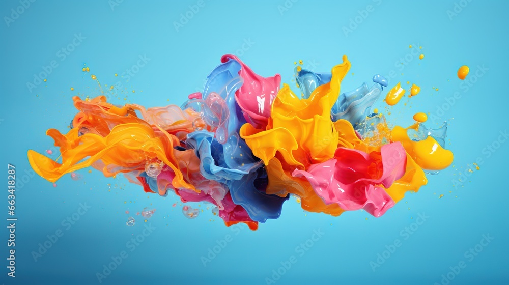 Poster a colorful liquid splashing into the air on a blue background with a splash of color on the bottom o
