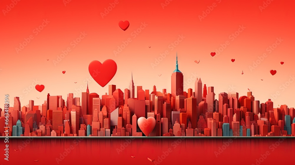 Poster a city with lots of red balloons floating in the air and a heart shaped balloon floating in the air 
