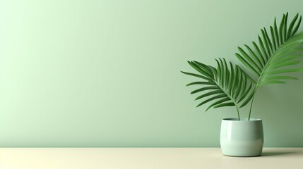  a green plant in a white vase against a green wall with a light green wall in the background and a light green wall in the background.  generative ai