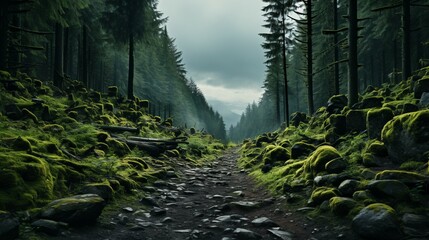 Enigmatic Foggy Forest: Abundant Treescape - obrazy, fototapety, plakaty