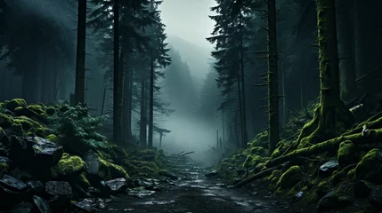 Foto op Plexiglas Enigmatic Foggy Forest: Abundant Treescape © Sthefany