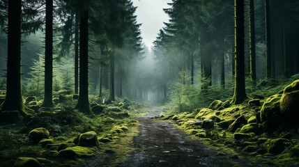Enigmatic Foggy Forest: Abundant Treescape - obrazy, fototapety, plakaty