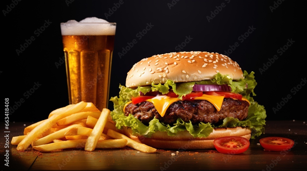 Poster a hamburger and fries with a glass of beer on a wooden table with a black background and a black bac