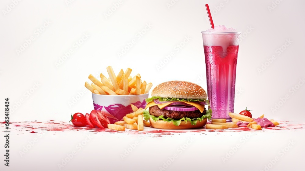 Poster a hamburger, fries, and a drink are on a table with red paint splattered around it and the food is o