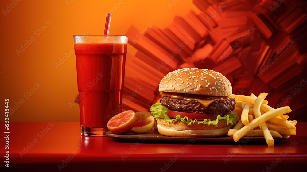 Poster a hamburger, fries, and a drink on a red table with a red background and a red wall behind it that h