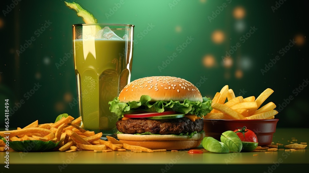 Poster a hamburger, fries, and a drink on a table with a green background and a green light in the backgrou