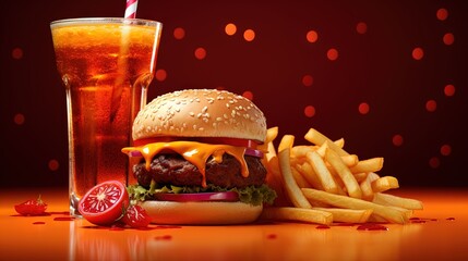 a hamburger, fries, and a drink on a table next to a red and white polka dot background with a red and white striped straw.  generative ai