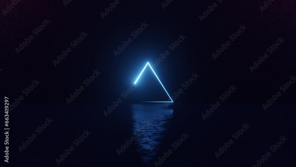 Poster abstract geometric background with colorful glowing neon triangles appear, flight forward inside the