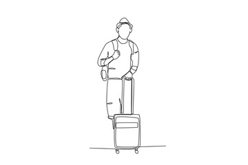 A holiday traveler carries a backpack and suitcase. Staycation one-line drawing