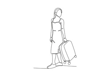 Fototapeta na wymiar A woman carries a suitcase while on vacation. Staycation one-line drawing