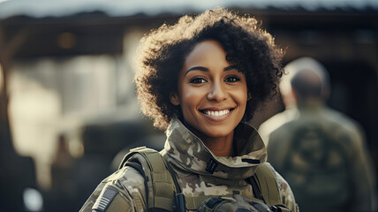 Young African-American woman in the military, on a base. copy space - obrazy, fototapety, plakaty