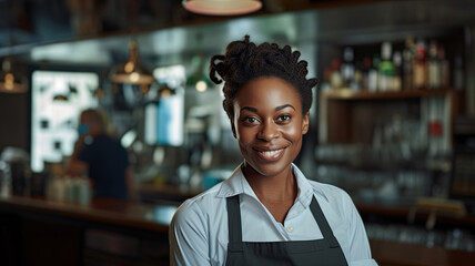Young African American woman working as a waitress in a bar. copy space - obrazy, fototapety, plakaty