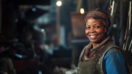 Obraz premium Young African American woman working in a workshop company. copy space