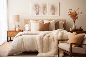 Cozy modern colorful orange interior design of a bedroom in an apartment with bright warm colors and fluffy textiles, natural earthy tones, warm autumn vibe