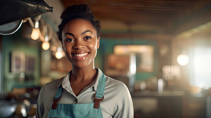 Young African American female carpenter, working in a carpentry shop. copy space