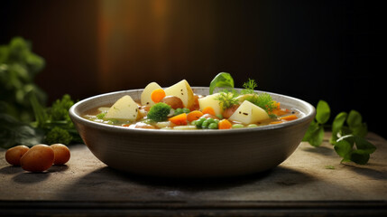A bowl of freshly made vegetable soup, with chunks of potatoes, carrots, and celery in a savory broth