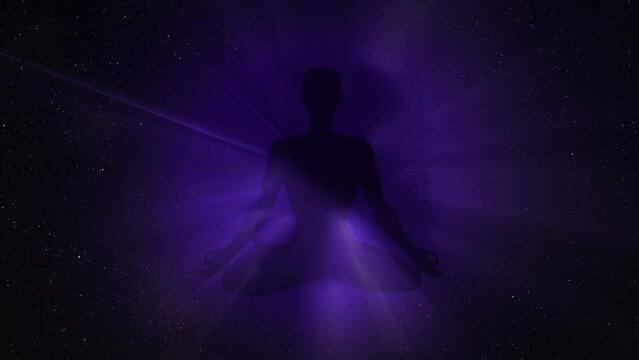 Human figure in lotus yoga pose on space background in meditation concept. Animation video, 4k