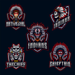Indian Skull Character set Logo E-sport Mascot Design Bundle Set icon collection vector illustration gaming team