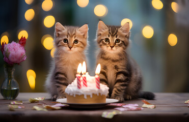 Dois lindos gatinhos comemorando aniversário com bolo com velas - obrazy, fototapety, plakaty