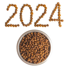 Calendar 2024 from Dry pet food and a bowl full of crispy granules on a white background. Dietary therapeutic nutrition for dogs and cats. Food for animals. Caring for pets