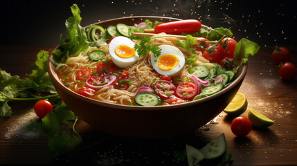 A bowl of freshly-made ramen, with a variety of vegetables and herbs, and a sprinkle of freshly chopped scallions