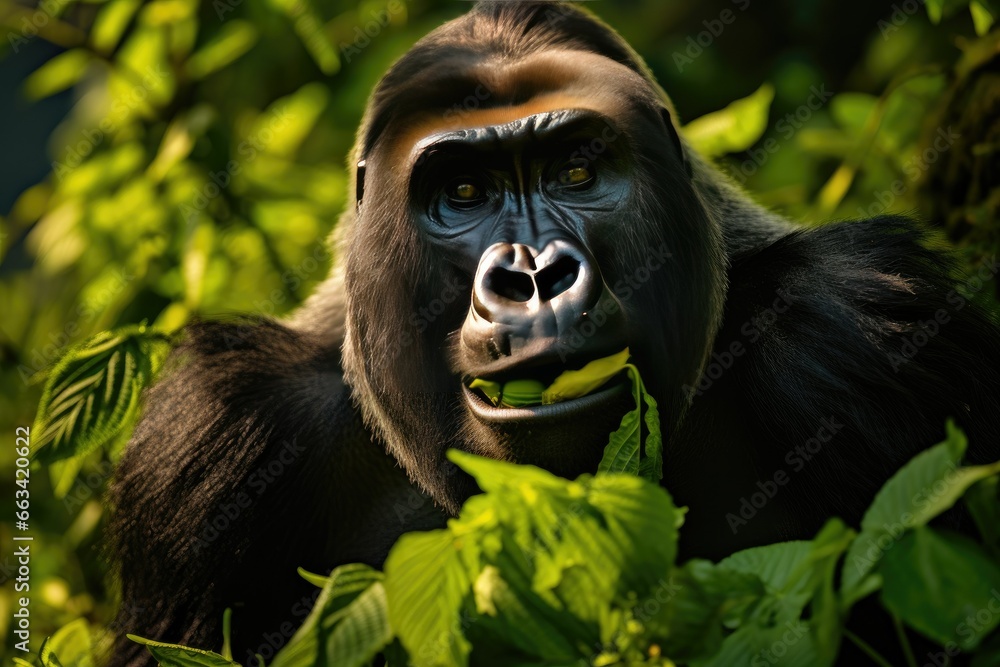 Poster a close up of a gorilla in a tree with leaves. generative ai
