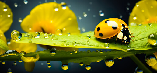 Closeup ladybug,lady beetle with water dew drops on greenery leaves plant.organic or ecology concepts backgrounds.clean and pure nature idea