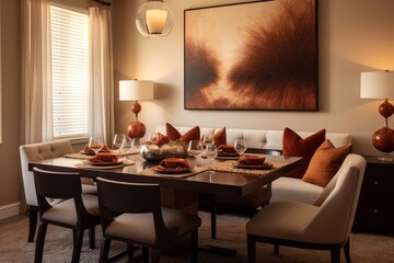 Cozy modern colorful orange interior design of a dinning-room in an apartment with bright warm colors and fluffy textiles, natural earthy tones, warm autumn vibe