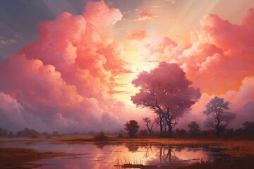 Enchanting rosy dusk with ethereal clouds. Generative AI