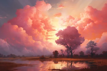 Fotobehang Enchanting rosy dusk with ethereal clouds. Generative AI © Kevin