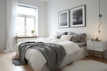 Minimalistic white bedroom with Scandinavian design. Generative AI