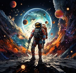 Astronaut on rock surface with space background ,astronaut walk on the moon wear cosmosuit. future concept, Astronaut on foreign planet in front ,