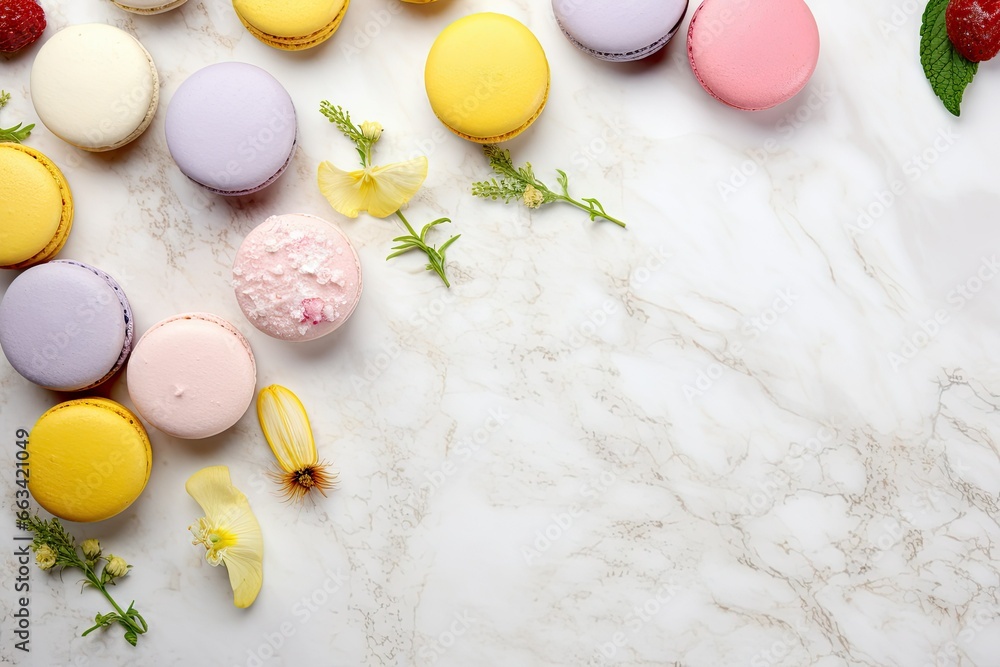 Poster a table topped with macaroons and a strawberry on top of it. generative ai