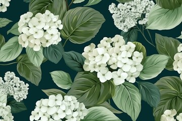 Seamless pattern featuring white hydrangea flowers and green leaves. Generative AI - obrazy, fototapety, plakaty