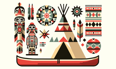 Flat design vector showcasing Native American traditional items like teepee, canoe, totem pole, and tribal patterns, available in ESP format - obrazy, fototapety, plakaty
